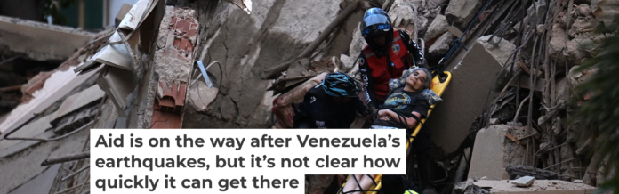 Rescue workers carry a person on a stretcher in Caracas following an earthquake in Venezuela on June 24, 2026. Juan Barreto/AFP via Getty Images